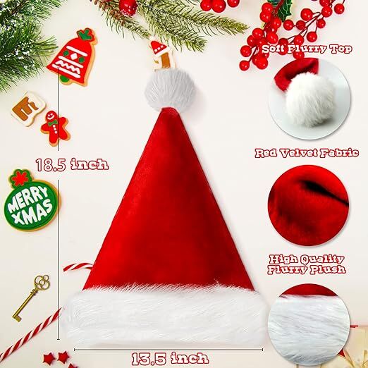 10Pack Christmas Santa Hats for Adults - Extra Thicken Velvet Santa Claus Hats for Women Men Fluffy Plush Xmas Hats Christmas Party Supplies New Year's Eve Party Hats for Adults Teenagers