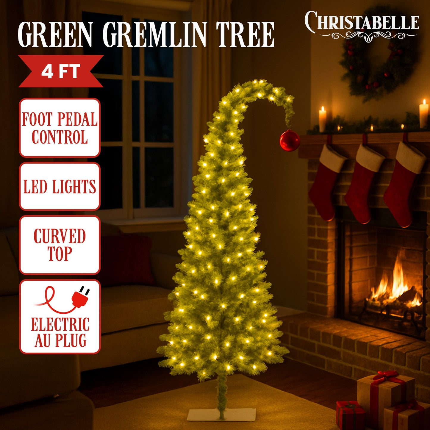 Christabelle 4ft Christmas Gremlin Tree Curved Top Red Bauble Built In Green & White LED Lights Foot Pedal Control