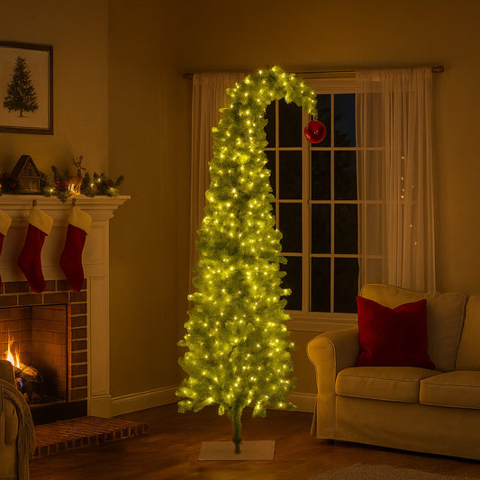 Christabelle 7.5ft Christmas Gremlin Tree Curved Top Red Bauble Built-in Green White LED Lights Control Base & Cord