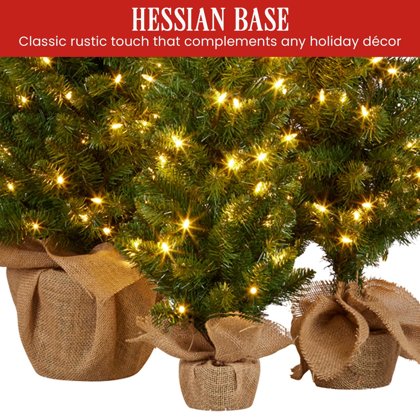 Christabelle Set of 3 Pre-Lit Christmas Trees Green Pine w/LED Lights, Hessian Base & Individual Plugs Varying Heights