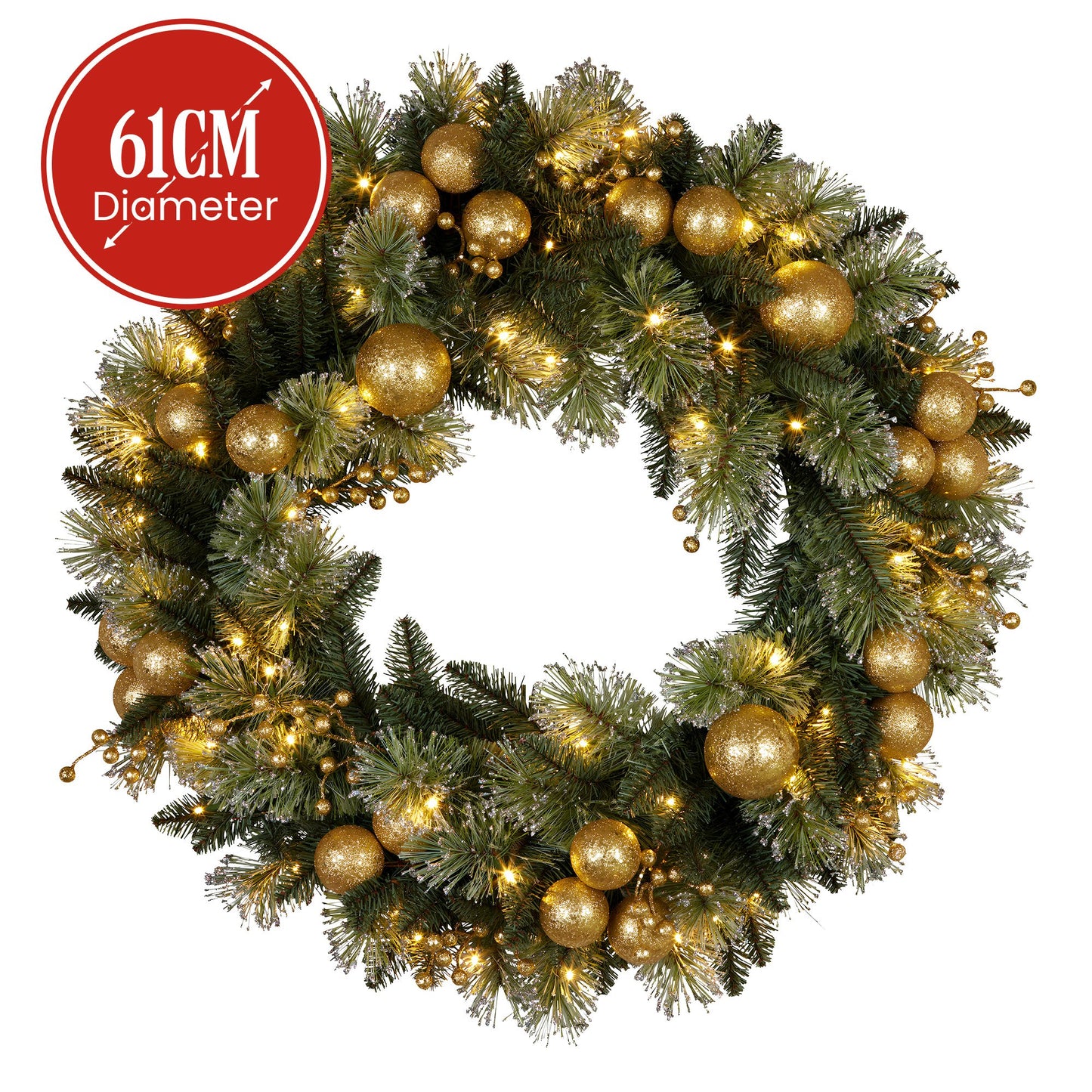 Christabelle 61cm Christmas Wreath Glittery Tipped with LED Lights and Golden Baubles Front Door Decoration Ornament