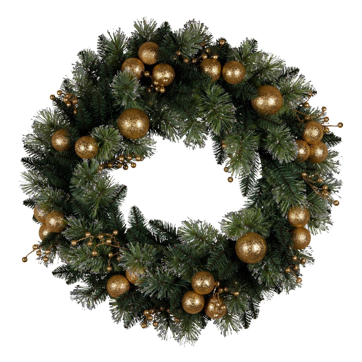 Christabelle 61cm Christmas Wreath Glittery Tipped with LED Lights and Golden Baubles Front Door Decoration Ornament