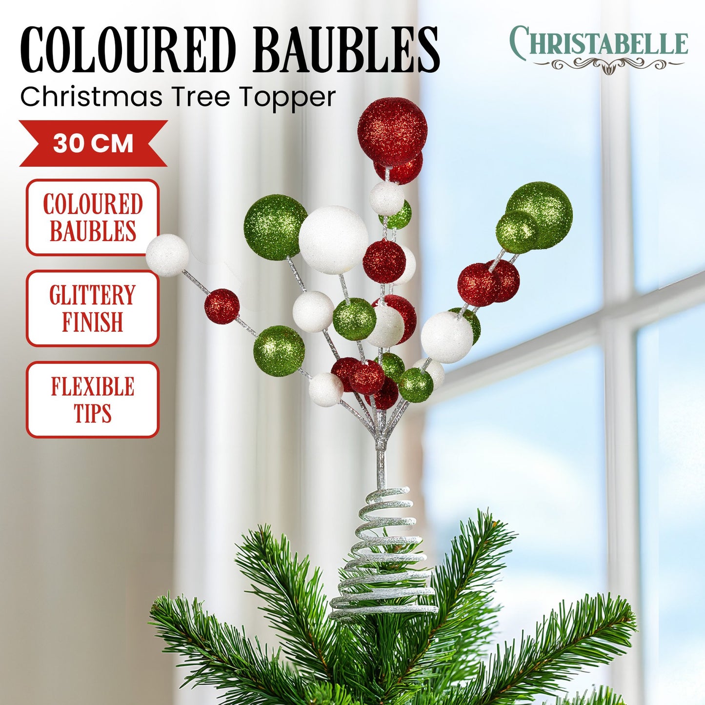 Christabelle Baubles Christmas Tree Topper Festive Glitter Finish Xmas Ornament