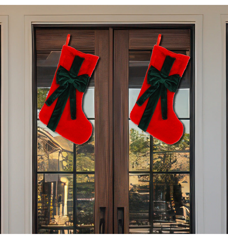 2 Pcs Red Stitching White Bow Luxurious Velvet Christmas Stocking with Elegant Bow - Large 45cm Holiday Mantel Decoration