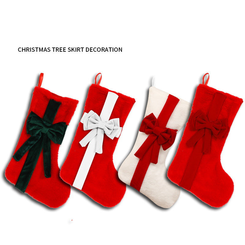 2 Pcs Red Stitching Green Bow Luxurious Velvet Christmas Stocking with Elegant Bow - Large 45cm Holiday Mantel Decoration