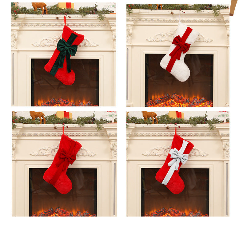 2 Pcs Red Stitching Red Bow Luxurious Velvet Christmas Stocking with Elegant Bow - Large 45cm Holiday Mantel Decoration